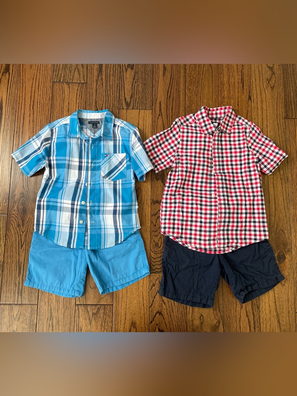 Two Boys' Plaid Short-Sleeve Button-Down Shirts and matching Shorts size 6
